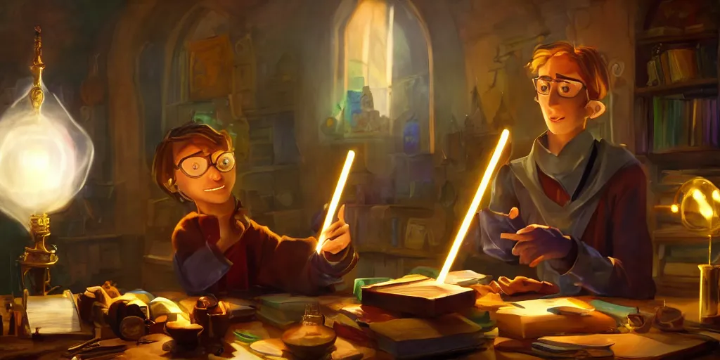 Image similar to a young caucasian male mage they are in a alchemy workshop working at there desk. colorful, light rays, medium shot, waist up, sharp, bloom, dramatic lighting, very detailed, by pixar, dreamworks and marvel