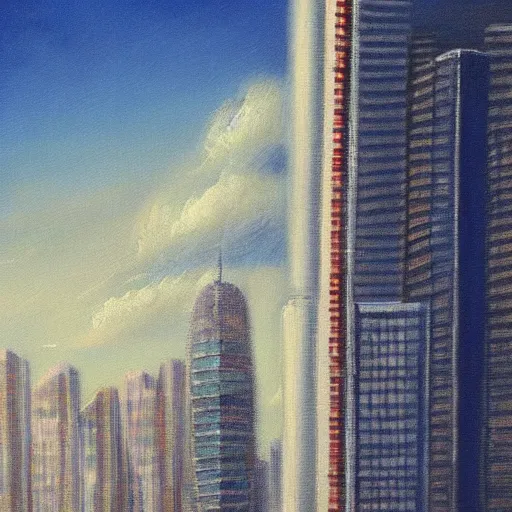 Prompt: classicism painting of a gleaming skyscraper, cityscape, wispy clouds, Tokyo, pixiv