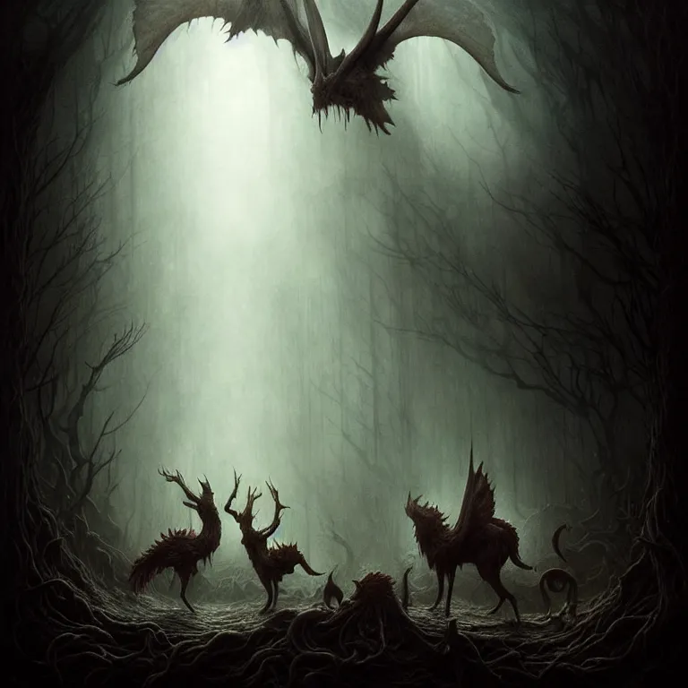 Image similar to epic professional digital art of hungry mystical creatures, moody atmospheric lighting, painted, intricate, detailed, foreboding, by leesha hannigan, wayne haag, reyna rochin, ignacio fernandez rios, mark ryden, iris van herpen,, epic, stunning, gorgeous, much wow, cinematic, masterpiece.