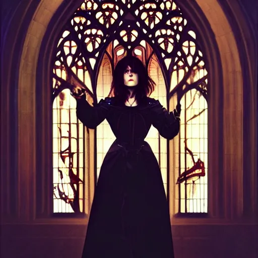 Image similar to mary elizabeth winstead as a vampire in a gothic cathedral at night, gloomy, horror photography by artgerm and alphonse mucha and ross tran and greg rutkowski.