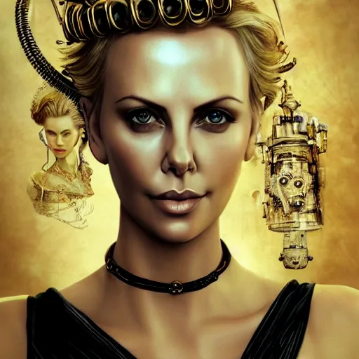 Prompt: beautiful Charlize Theron, perfect face and body, in detailed steampunk dress, smooth, sharp focus, illustration, realistic, cinematic, artstation, gold, ornate, award winning, original modern artwork, set on H. R. Giger aesthetic, rgb ethereal lighting,8k