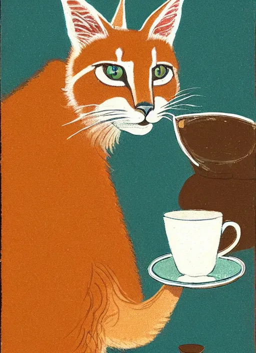 Prompt: an extreme close - up portrait of a cute fluffy caracal drinking tea, samovar, by billy childish, thick visible brush strokes, shadowy landscape painting in the background by beal gifford, vintage postcard illustration, minimalist cover art by mitchell hooks