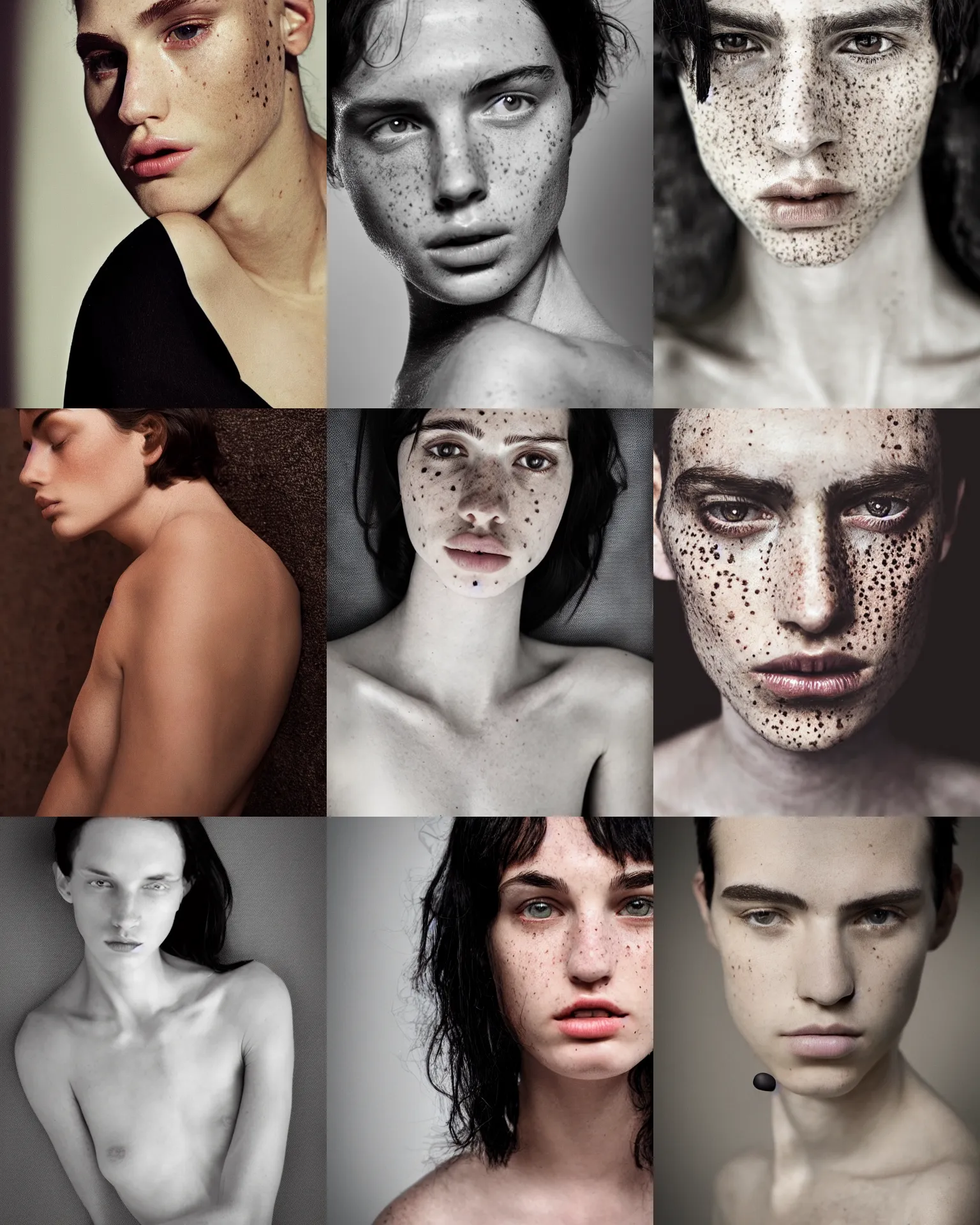 Prompt: pale black haired freckled model beauty half body portrait greg kutkowski sharp details soft light