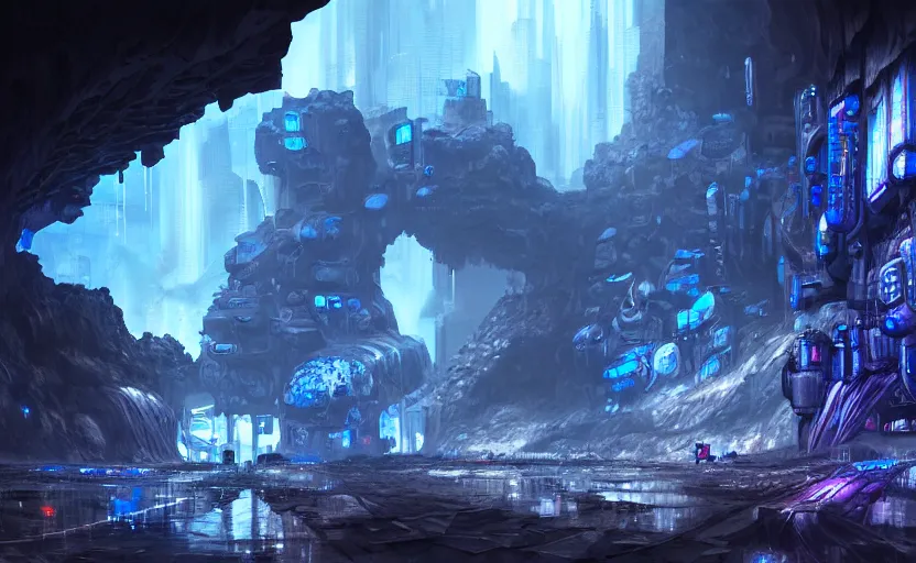 Image similar to cyberpunk factory in a giant dark cave, black rocks cave, detailed cave stones, deep cave, dramatic light, blue crystals, hyper detailed, realistic, intricate, concept art by frank hong, mate painting, artstation