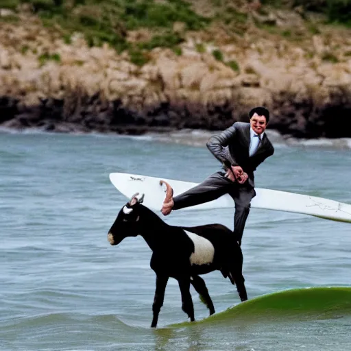 Prompt: Mr bean surfing on a goat