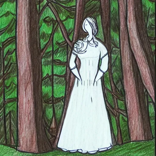 Prompt: a drawing of a woman in a white dress in a forest