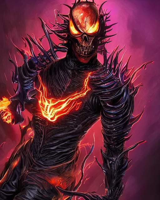 Image similar to ghost rider symbiote, purple and red variant, dynamic lighting, fantasy concept art, trending on art station, stunning visuals, creative, cinematic, ultra detailed, comic strip style