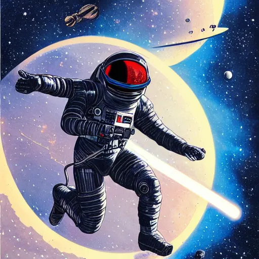 Image similar to detailed illustration of a black astronaut space walking, planets behind, nebulas, dynamic lighting, 8 k, star wars, art by moebius, ayami kojima