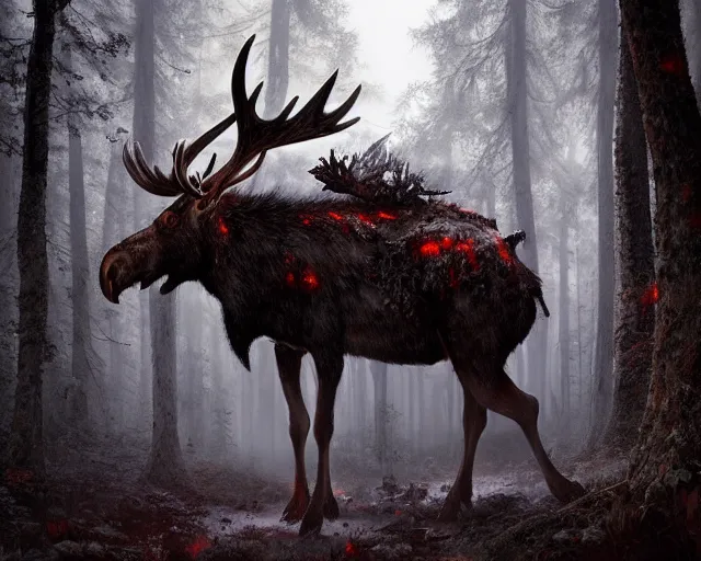 Image similar to 5 5 mm portrait photo of an armored demonic undead rotting moose with red eyes antlers and looking at the camera, in a magical forest. magical atmosphere. art by greg rutkowski and luis royo. highly detailed 8 k. intricate. lifelike. soft light. nikon d 8 5 0.