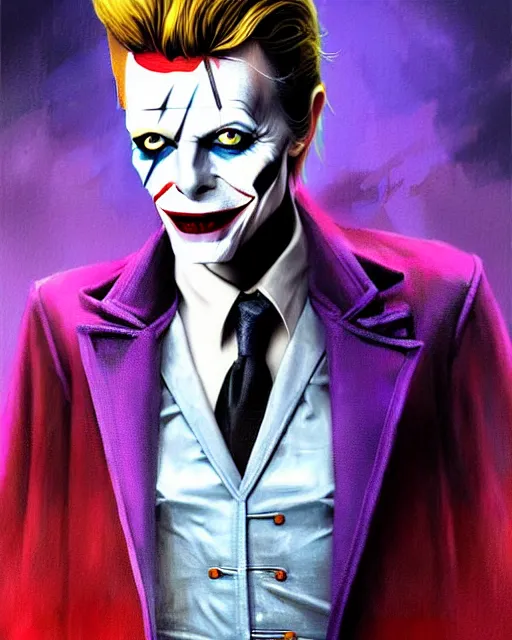 Image similar to character full body portrait of david bowie as the joker | | realistic shaded, unpleasant face, bad looking, fine details, realistic shaded lighting poster by greg rutkowski, magali villeneuve, artgerm, jeremy lipkin and michael garmash and rob rey