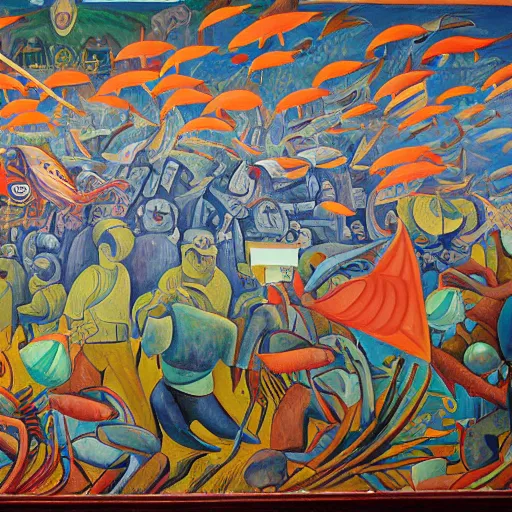 Image similar to mural of a crab revolution in the style of diego rivera