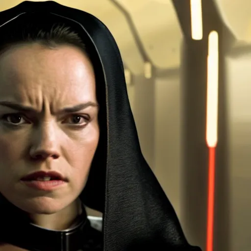 Prompt: movie still of daisy ridley as sith empress wearing a black satin robe and metal belt with make up as if she was crying, sweaty, detailed eyes, neutral expression, shallow depth of field, photorealistic, cinematic lighting, lovely bokeh, dark moody light, strong rim light, movie quality, star wars