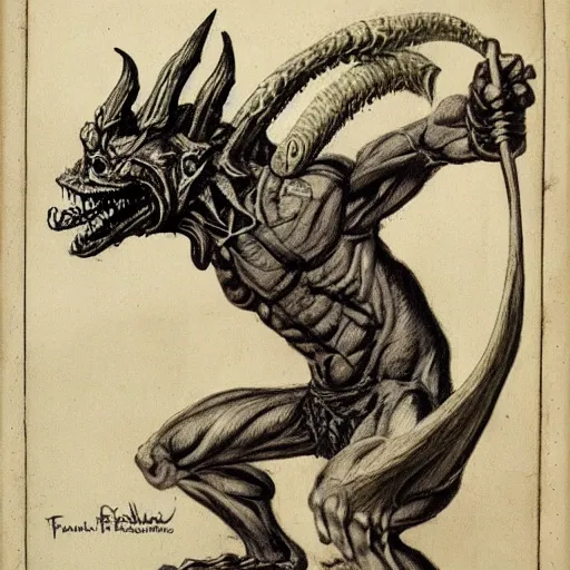 Image similar to dog-faced muscular goblin, ugly face, lizard tail, holding scimitar made of bone, hyper-detailed, primeval fantasy, prehistoric fantasy, drawn by Frank Frazetta