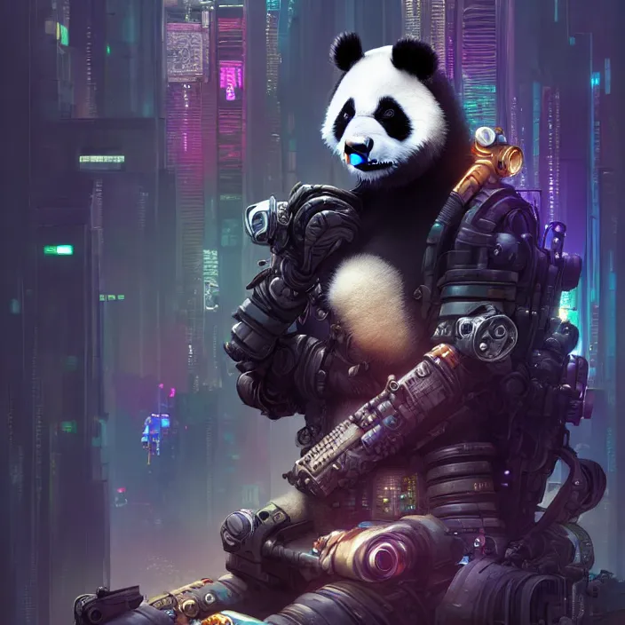 Image similar to cyberpunk panda, naturel, hyper detailed, digital art, trending in artstation, cinematic lighting, studio quality, smooth render, unreal engine 5 rendered, octane rendered, art style by klimt and nixeu and ian sprigger and wlop and krenz cushart.