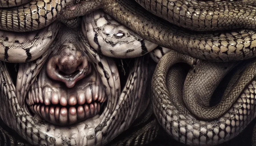 Prompt: rotting a human face made up of snakes, evil smile, death, fear, horror, extremely high detail, ultra realistic, hyperrealism, by giger, 4 k