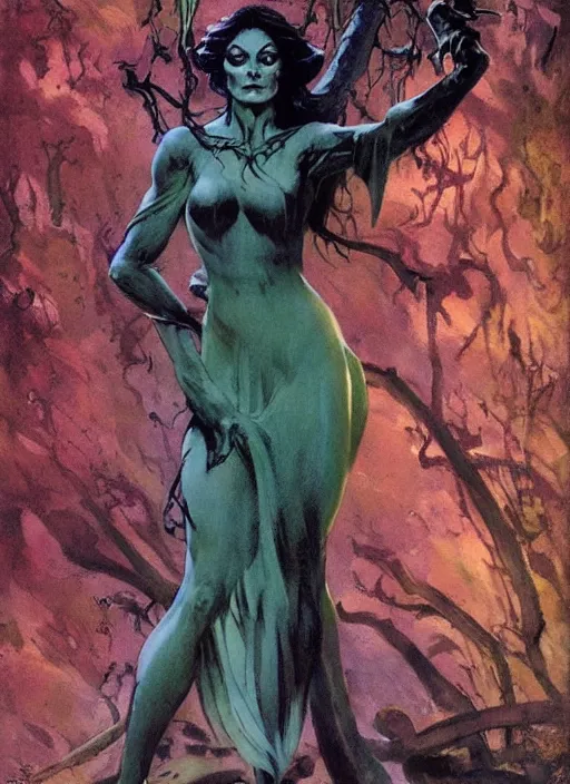 Image similar to mighty fey queen, vine dress, glowing forest, strong line, eerie color, beautiful! coherent! by frank frazetta, by brom