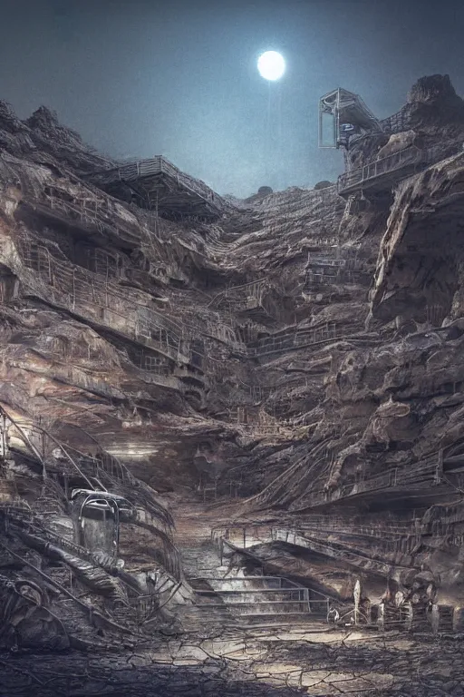 Prompt: industrial minning entrance in a quarry in the middle of the desert of Mars planet at night dust storm concept art by yoshitaka amano and H.R. Giger, intricate detail, 8k, featured art