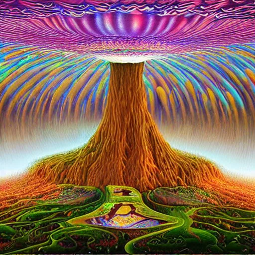 Image similar to lightning mushroom waterfall rave panoramic fantasy rich geometric octane render hyper realism by rob gonsalves, james christensen, alex grey, android jones, lisa frank