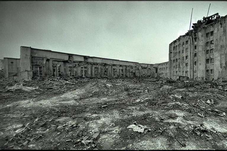 Prompt: flash photograph of soviet destroyed military building, ground zero, Radioactive Contamination, detail, 1985, creepy, dark, haunted, heavy rain, vintage photo