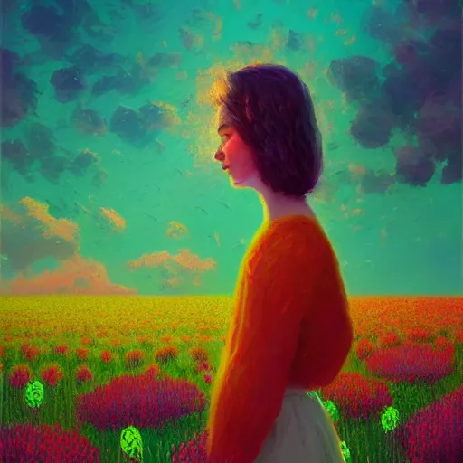 Image similar to vast flower face, girl standing in a flower field, surreal photography, sunrise dramatic light, impressionist painting, colorful clouds, digital painting, pointillism, artstation, simon stalenhag