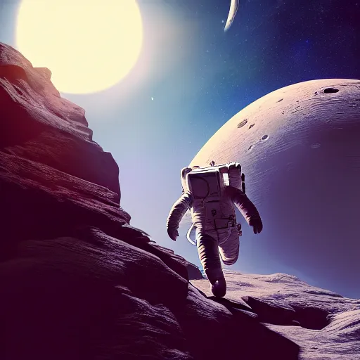 Image similar to one astronaut on the moon, beautiful dynamic lighting, cinematic, wide angle establishing shot, extremely high detail, photo realistic, cinematic lighting, post processed, concept art, artstation, matte painting, style by frederic church, raphael lacoste, unreal engine 8 k