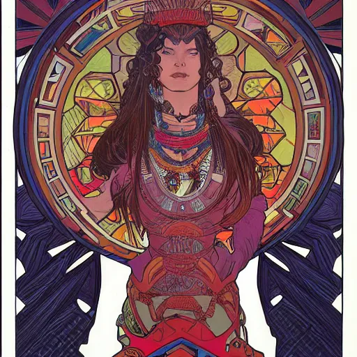 Image similar to portrait of mad aztec queen, symmetrical, by juan gimenez and moebius, alphonse mucha drawing, illustration, clear line