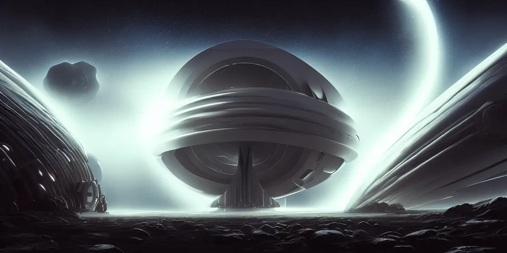 Image similar to giant tubular spaceship in deep space, portal, day, ultra high definition, ultra detailed, symmetry, god rays, sci - fi, dark fantasy, by paul chadeisson and denis villeneuve