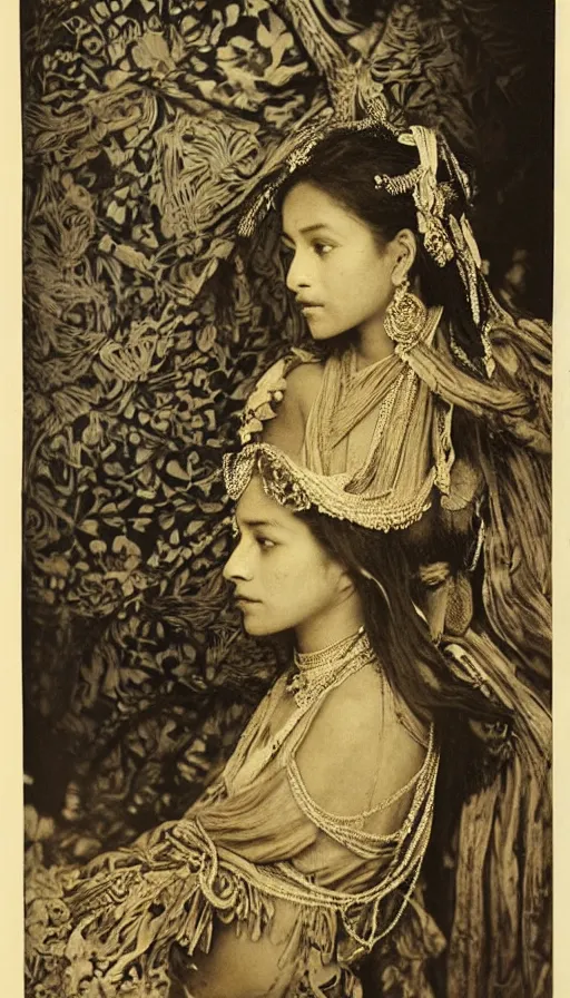 Image similar to vintage portrait photo of a beautiful beautifully lit nepalese Victorian woman by alphonse mucha and annie leibovitz