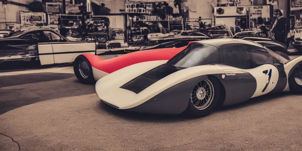 Prompt: a super hyper vintage modern racing hyper retrofuturistic car, car design, vehicle, car photography, 4 k