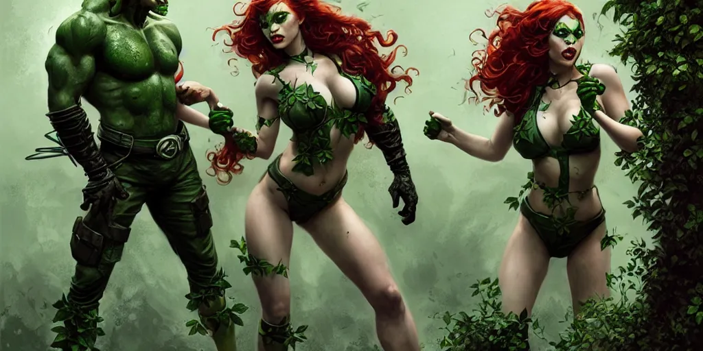 Prompt: poison ivy and Bane DC comics fighting, battle pose, illustration, realistic eyes, artstation, cinematic lighting, hyperdetailed, detailed realistic symmetrical eyes, cgsociety, 8k, high resolution, Charlie Bowater, Tom Bagshaw, Norman Rockwell, insanely detailed and intricate, sewer background