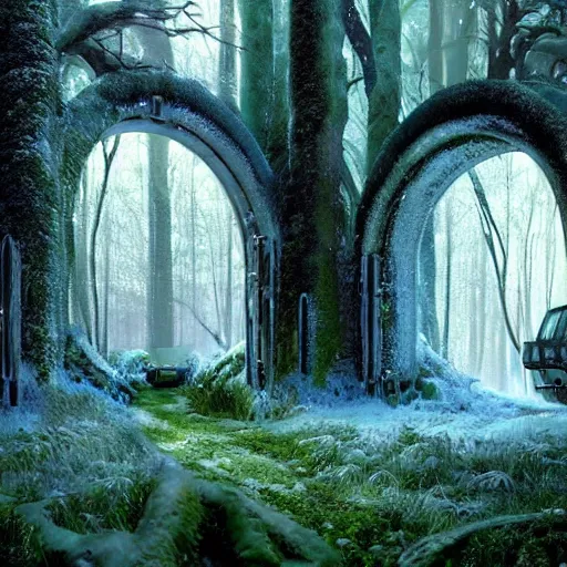 Image similar to frozen derelict portal in a middle of a snowy lush futuristic forest, engine tubes around the portal, green lush world seen only through a portal, daylight, cinematic lighting, blue sky, syd mead, john harris