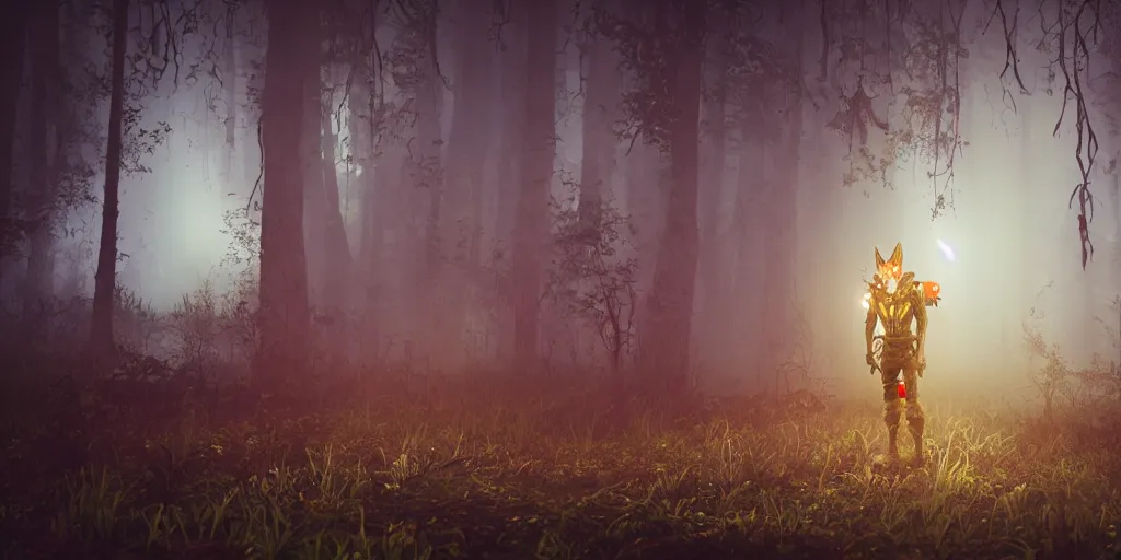 Image similar to inside of strange misty swamp landscape a gamekeeper wearing a steampunk and neonpunk mechanical fluorescent mystical animal mask and red hood. in style of fornite game. night fog,, beautiful render, octane render