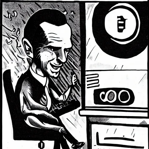 Prompt: ink comic drawing of a subgenius watching an alien on tv in the 1 9 5 0 s smoke sparks lighting