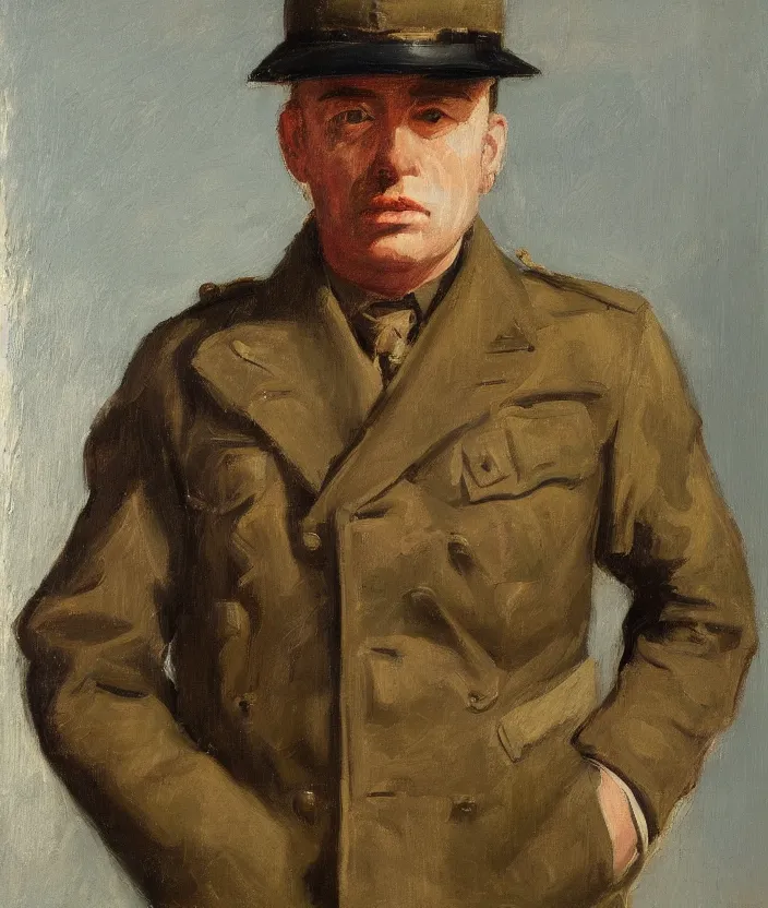 Prompt: a very detailed portrait of a man, wearing an open military jacket, frontal view, in the style of edward hopper and oswald hornby joseph birley, very small brushstrokes, 4 k,