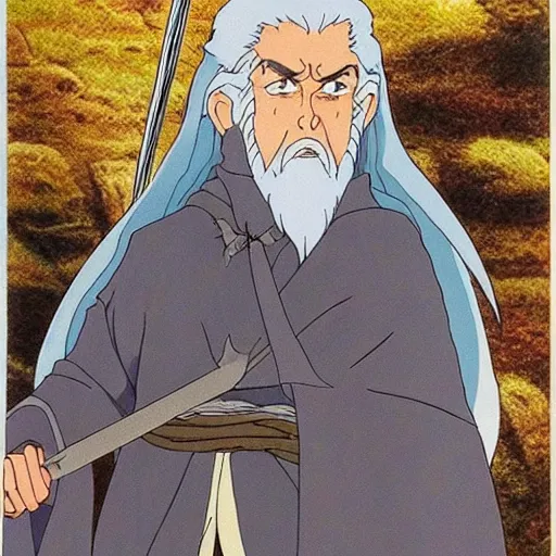 Image similar to gandalf from the anime lord of the rings (1986), studio ghibli, very detailed, hyperrealistic