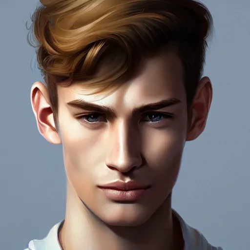 Prompt: man in his twenties with brown blond short quiff hair and thin slightly round facial structure with cleft chin, bumpy nose, good definition of cheekbones, Alert brown eyes, narrow face, slim body, atmospheric lighting, painted, intricate, 4k, highly detailed by Charlie Bowater