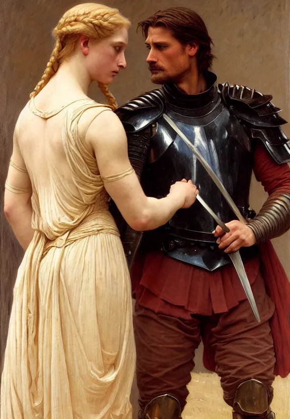 Prompt: attractive handsome fully clothed jaime lannister confesses his love for attractive fully armored brienne of tarth. two knights in love. highly detailed painting by gaston bussiere and j. c. leyendecker and william adolphe bouguereau and fra angelico and octane render, musee d'orsay 8 k