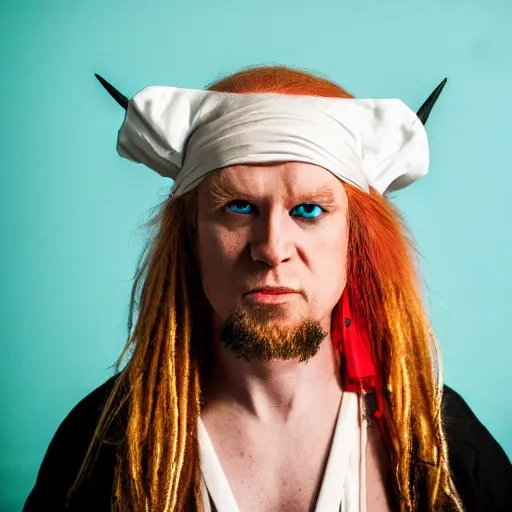 Prompt: portrait photo an albino pirate Man with red headband and blonde hair, 70mm sigma lens, cinematic lighting, movie still, HD, teal color graded