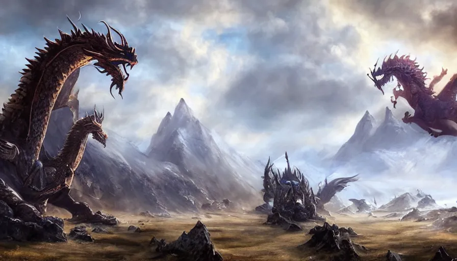 Prompt: viking seven headed dragon in a nordic landscape under bright daylight with fluffy clouds, set in the world of Guildwars2, painted by Hans Fredrik Gude, Greg Rutkowksi and Artgerm, concept art 2022, ultra realistic masterpiece, contrasting details vs blank areas, oil on canvas