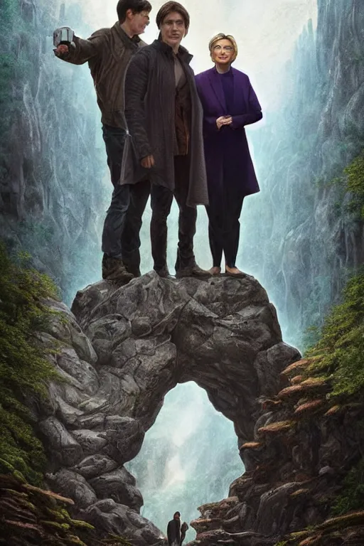 Prompt: movie poster for award winning move staring, tom cruise and hillary clintona beside large rock arch is a portal to another dimension, surrounded by misty forest, people wait to enter, D&D, fantasy, intricate, highly detailed, digital painting, artstation, concept art, smooth, sharp focus, illustration, art by artgerm and greg rutkowski and alphonse mucha
