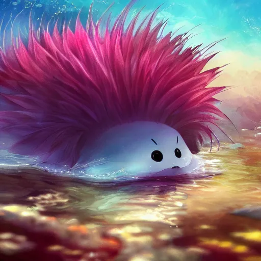 Prompt: a super cute water creature, digital painting masterpiece by Hayao Miyazaki, 4k beautiful wallpaper