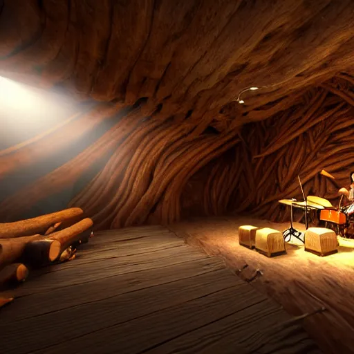 Prompt: A photorealistic wood log cave 3d music studio in with virtual people playing instruments, light rays coming out of the windows, bounce lighting, unreal engine, photorealistic