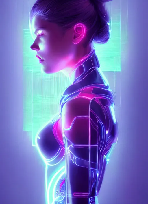 Image similar to portrait of female humanoid in transparent fashion wear, intricate, elegant, cyber neon lights, highly detailed, digital photography, artstation, glamor pose, concept art, smooth, sharp focus, art by artgerm and greg rutkowski