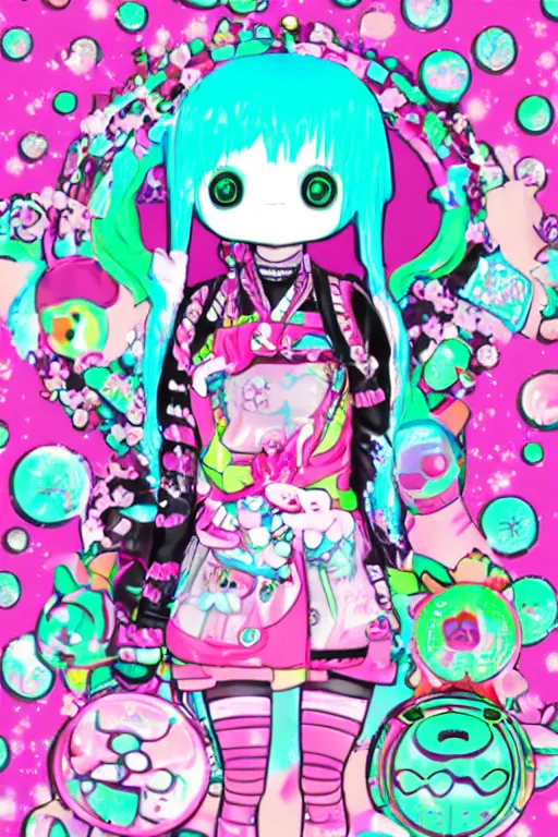 Image similar to cybergoth decora glitchcore yokai girl, sanrio ornaments, pastel cute cinematography