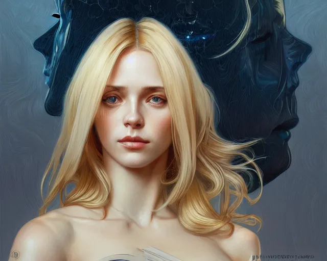 Image similar to portrait of blonde girl with mutiple heads, jump suit, vivid eyes, real life skin, intricate, elegant, highly detailed, artstation, concept art, smooth, sharp focus, art by artgerm and greg rutkowski and alphonse mucha