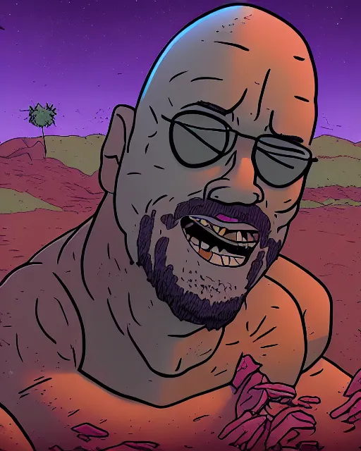 Image similar to portrait of dwayne johnson in the style of justin roiland. ugly, creepy, demonic, horror. cinematic lighting. style of rick & morty. photographic, photography. by justin roiland