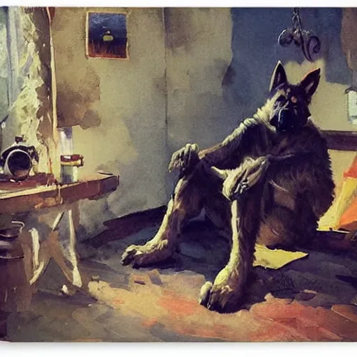 Image similar to a humanoid german shepherd beast - man, sitting and watching a soccer match in his house on television, he has hurt his knee and is a dad, by erin hanson, alexi zaitsev, karl spitzweg, award winning, tv set