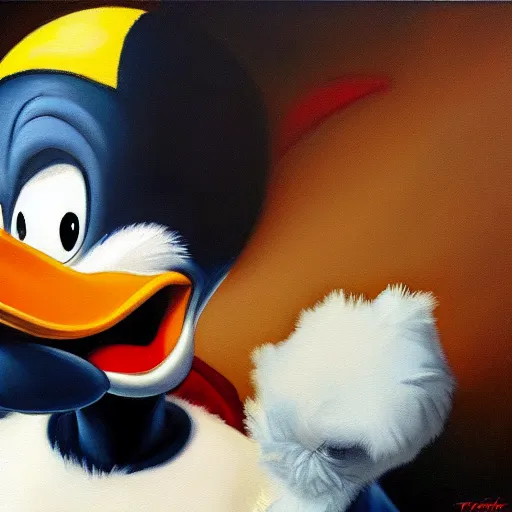 Image similar to ultra realistic portrait painting of donald duck, art by frank frazetta, 4 k, ultra realistic, highly detailed, epic lighting