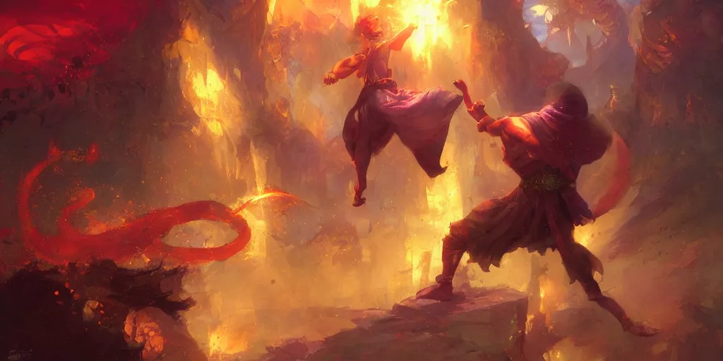 Prompt: Fantasy monk unleashing his ultimate divine thousand strike technique by Marc Simonetti and Delphin Enjolras