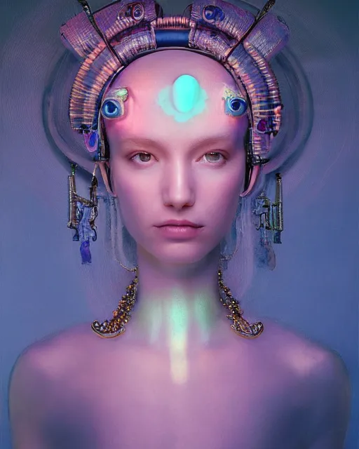 Image similar to natural light, soft focus portrait of an android with soft synthetic pink skin, blue bioluminescent plastics, smooth shiny metal, elaborate ornate head piece, piercings, skin textures, by annie liebovotz, paul lehr